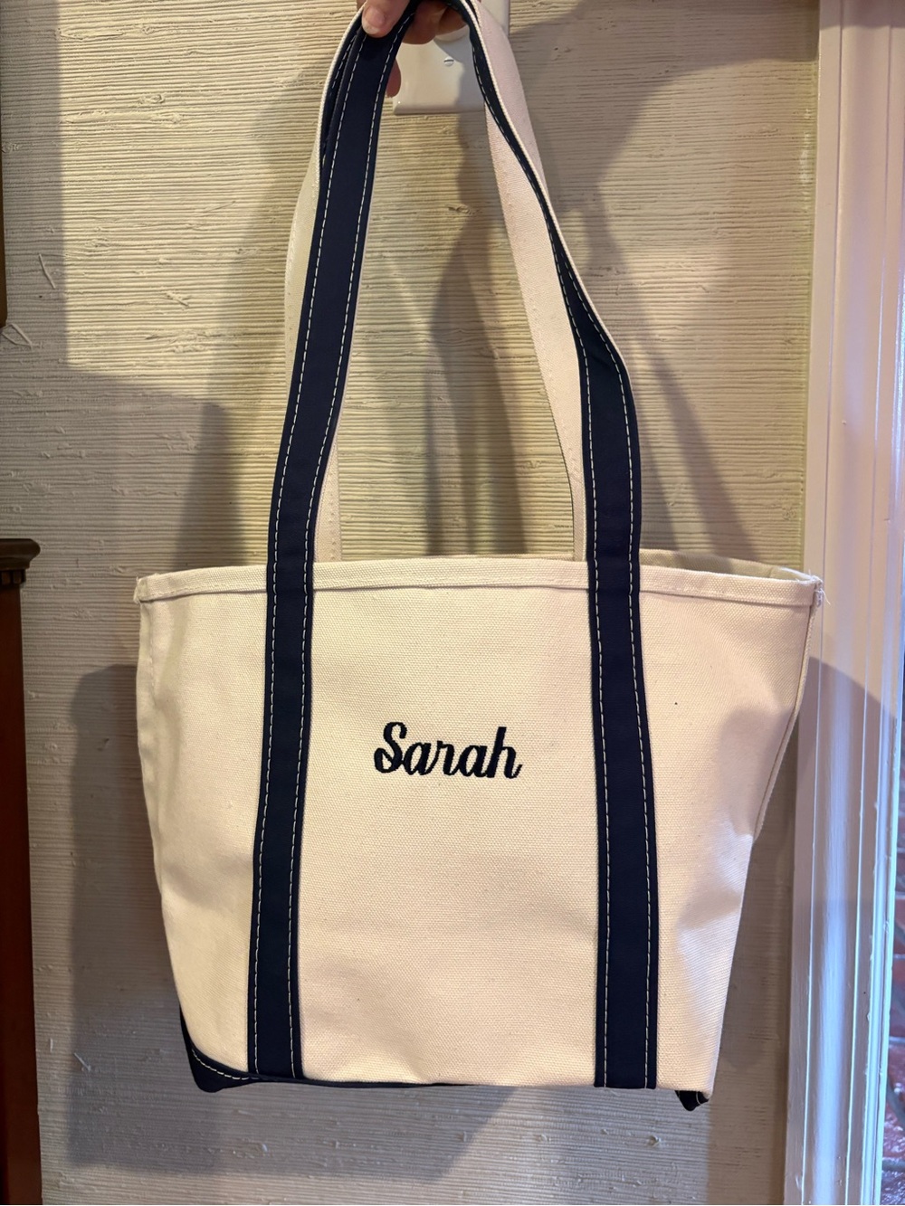 NWT L.L. Bean Cream Canvas Tote with Navy Straps “Sarah” Monogram